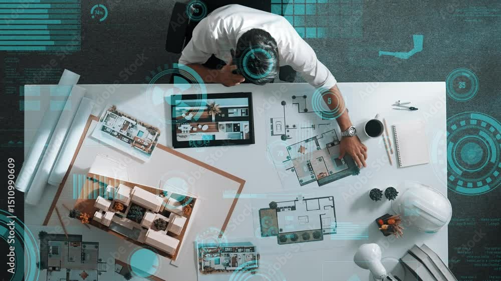 Aufkleber top down view of civil engineer working on blueprint and inspect house model. aerial view of manager
