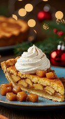 Delicious slice of apple pie served with whipped cream, decorated in a festive setting with lights