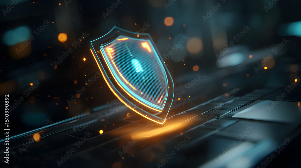 Poster glowing neon shield icon symbolizing cybersecurity and digital data protection on a futuristic techn