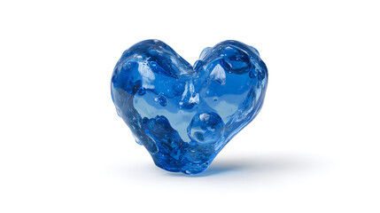 A glossy blue heart-shaped crystal sculpture, symbolizing cool love and fragile emotion, isolated on a clean white background