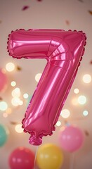 A vibrant pink seven balloon decorates a festive setting filled with soft lights and balloons
