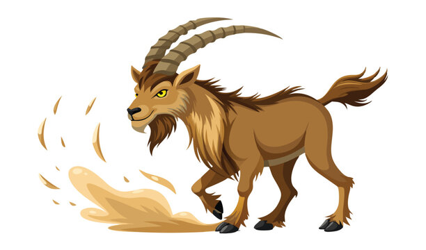 Cartoon brown goat running and kicking up dust