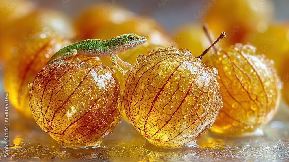 Poster a green gecko is perched atop two oranges that rest atop a silver tablecloth the table is adorned wi