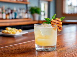 Refreshing cocktail served in a clear glass with ice, garnished with grilled pineapple and mint leaves, placed on a wooden bar counter with blurred background