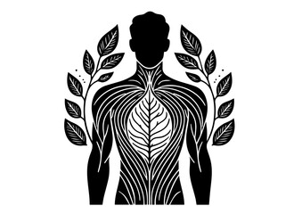 Human silhouette with leaf veins and branches in black and white