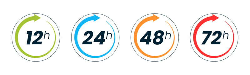Set of 12, 24, 48 and 72 hour clocks with arrows on white background. Vector work time effect or delivery service time icon