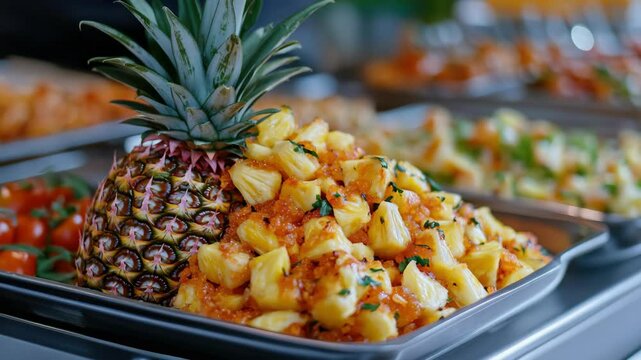 A vibrant and delicious macaroni casserole featuring chunks of pineapple, a variety of vegetables and rich sauce. A healthy and filling meal.