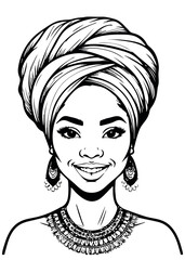 African Black Woman Coloring Page.Coloring Pages For Adults.Afro girl turban silhouette vector contour drawing.Beautiful female illustration.Print.Stencil cricut plotter laser cut.Poster.Wall Sticker
