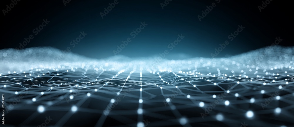 Poster an abstract wave featuring moving dots and lines, symbolizing the flow of particles, is depicted in 