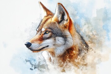 Obraz premium Whimsical Dog Portrait: Watercolor Illustration of a Wolf Against a Sky Blue Background