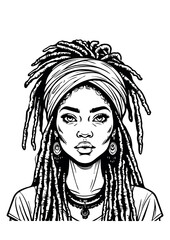African Black Woman Coloring Page.Coloring Pages For Adults.Afro girl silhouette vector contour drawing.Beautiful female illustration.Print.Stencil cricut plotter laser cut.Poster.Wall Sticker