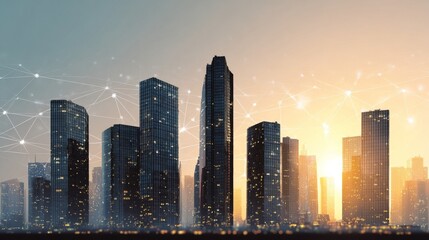 Fototapeta premium A smart digital city with a 5G wireless network is conceptualized in an imaginative visual, featuring abstract graphics that symbolize connection and social media networking systems in a globalized