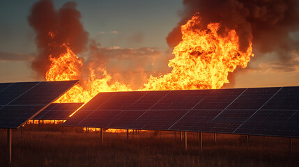 Solar panels engulfed in flames. A dangerous juxtaposition of technology and nature's fury. The future's promise threatened. A symbol of ecological risk.
