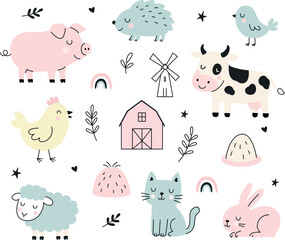 set of farm animals with plants and baby colors, illustration of a cow, cat, porc, chicken, rabit