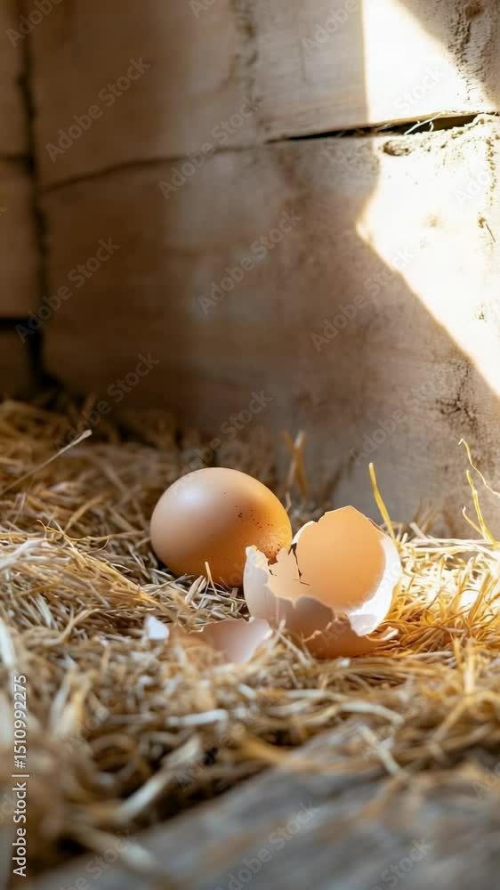 Poster natural light illuminates a whole brown egg and a broken eggshell resting on straw in a chicken coop