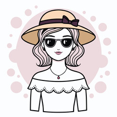 Stylish Woman in Hat and Sunglasses with Pink Accents Fashionable Illustration for Summer or Spring with a Clean Design