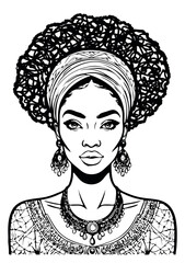 African Black Woman Coloring Page.Coloring Pages For Adults.Afro girl silhouette vector contour drawing.Beautiful female puff illustration.Print.Stencil cricut plotter laser cut.Poster.Wall Sticker