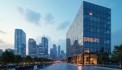 Fototapeta premium Modern city commercial building with sleek glass facade and urban skyline backdrop Perfect for real estate, architecture, and business concepts , commercial, high rise