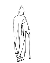 Hand-drawn vector sketch of an elderly man in a traditional Moroccan djellaba with pointed hood, walking with a cane, back view. Clean black line art on white background, no shading