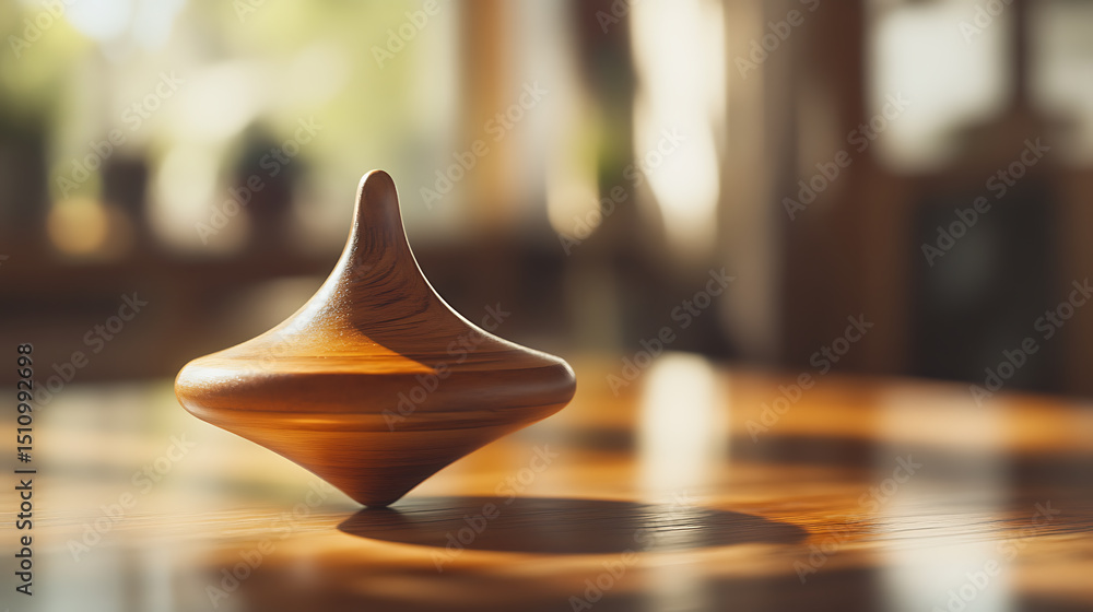 Poster wooden spinning top resting on a shiny table. warm, inviting light streams in from a window in the b