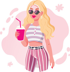 Stylish Woman with Blonde Hair Enjoying a Pink Drink in Summer Fashion Vector Illustration