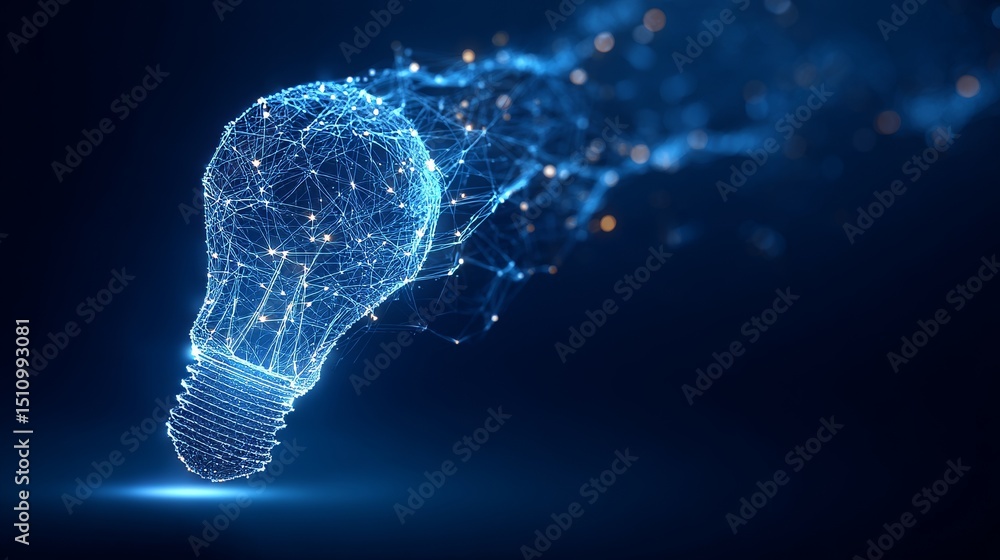 Poster the concept of a polygon-shaped light bulb on a blockchain technology network background represents 