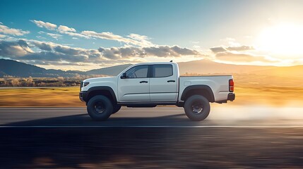 White pickup truck with black accents drives on a highway at sunset