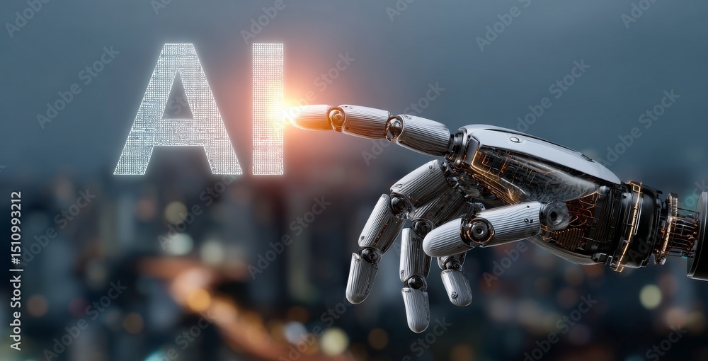 Poster a white humanoid hand is utilizing a digital stock icon hologram in a 3d rendering
