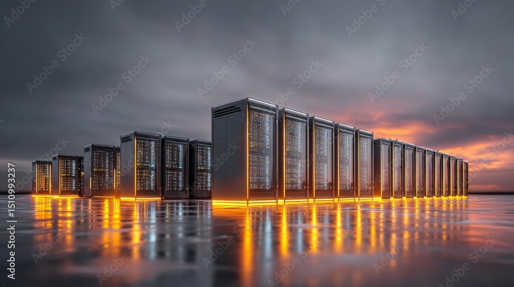 Aufkleber a working data center is shown with rows of rack servers connected by ethernet connection visualizat