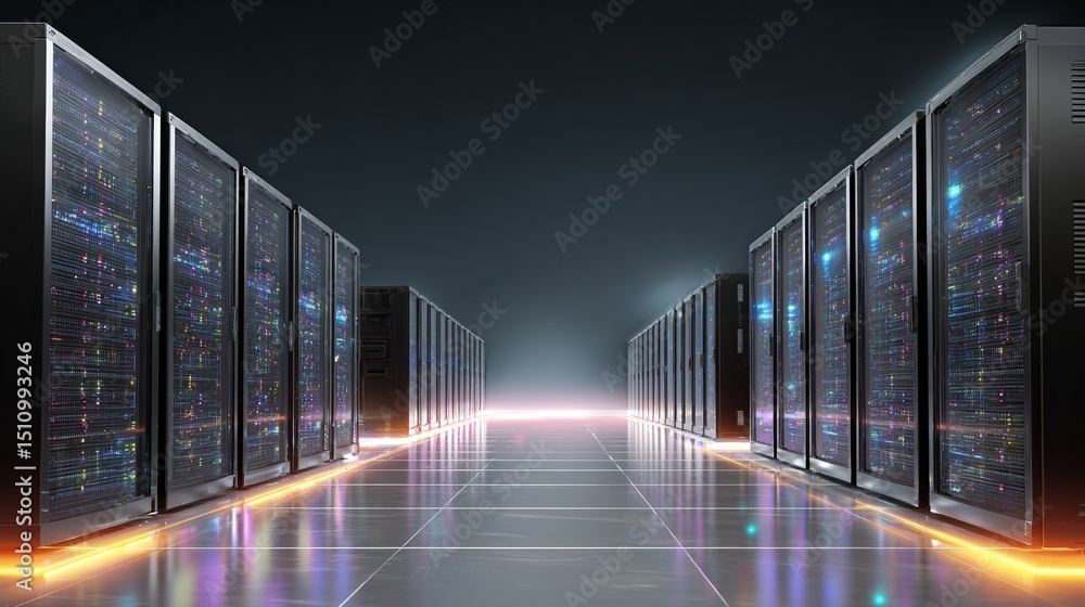 Aufkleber Rows of rack servers in a working data center are connected with lines visualizing their Ethernet connections