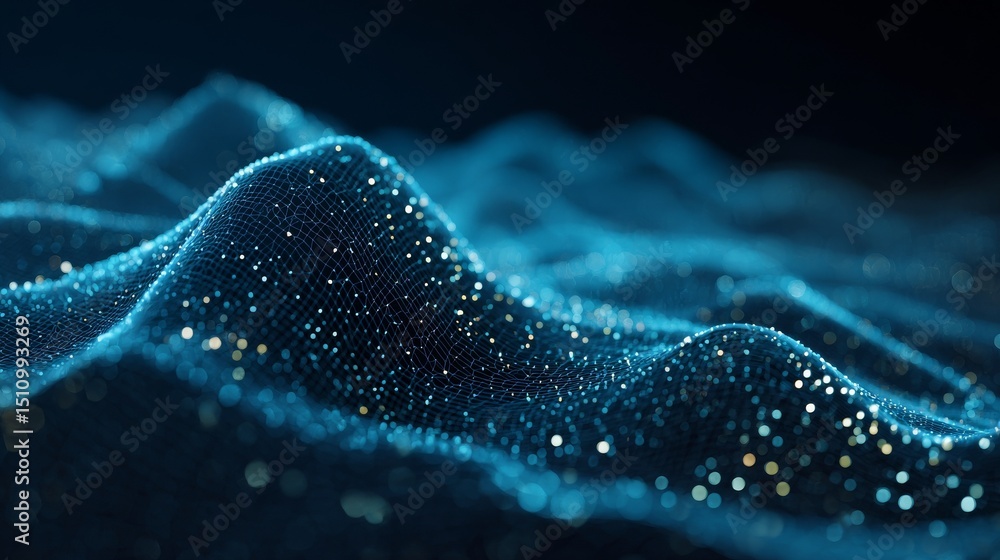 Poster the depiction of data technology is set against a dark background with a futuristic and abstract wav