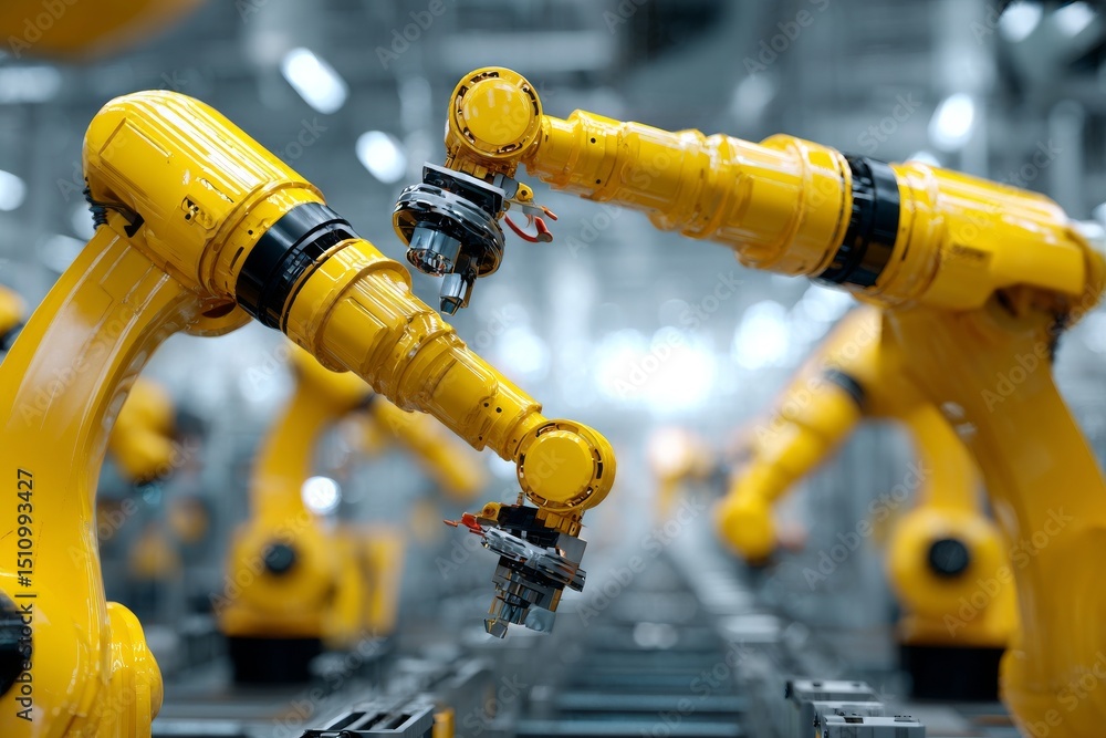 Poster heavy automation is incorporated into a robot arm machine within an industrial smart factory, repres
