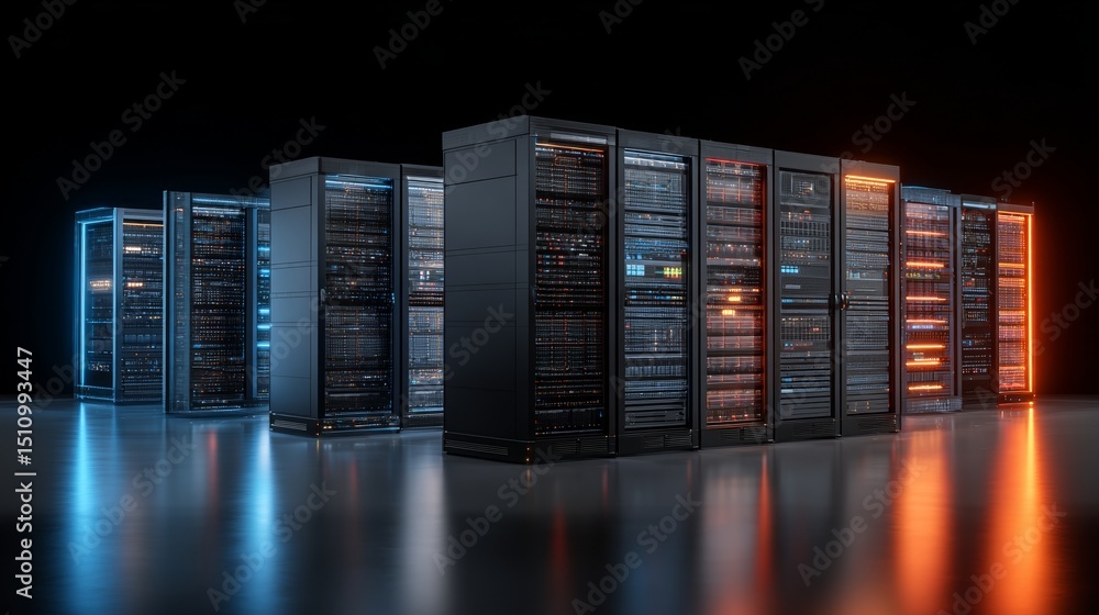Aufkleber The image features a modern data center with multiple rows of fully functional server racks, emphasizing the importance of telecommunications, cloud computing, and stock database management, captured