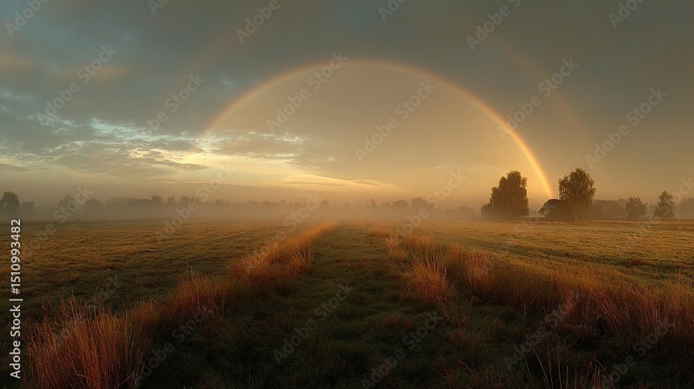 Poster a hazy meadow with two spectral arcs overhead and distant woodlands on a misty morn