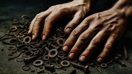 Fototapeta premium Dirty worker hands are touching rusty screws, bolts, nuts, and washers scattered on a dark surface, conveying the concept of manual labor and metalwork
