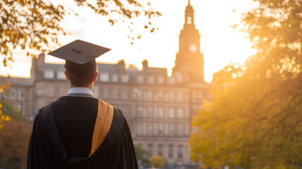 Graduate at university campus on graduation day. Gown, cap, and diploma represent academic achievement and future success in education and career.