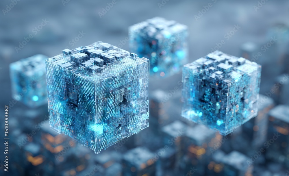 Aufkleber Digital global networks facilitate the flow of blockchain information, as depicted in a 3D illustration of data cells containing binary code elements
