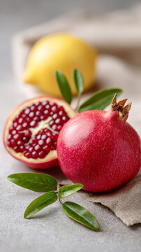 Fresh etrog and pomegranate with green leaves on soft background for natural decor
