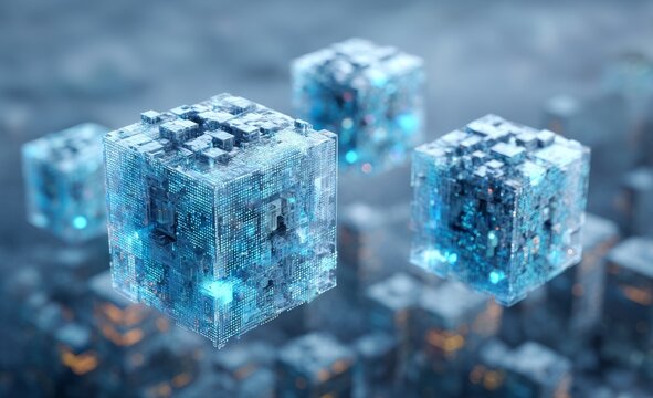 Digital global networks facilitate the flow of blockchain information, as depicted in a 3D illustration of data cells containing binary code elements