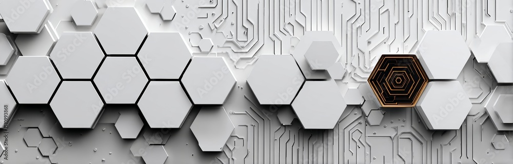 Poster the image features a futuristic white hexagon background, incorporating a honeycomb concept and a wa