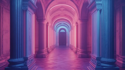 Obraz premium Neon-lit ancient corridor