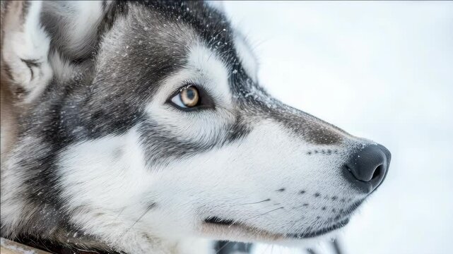 A Siberian Husky with striking eyes reflecting sunlight, showcasing the breed's wolf-like appearance in a close-up shot.