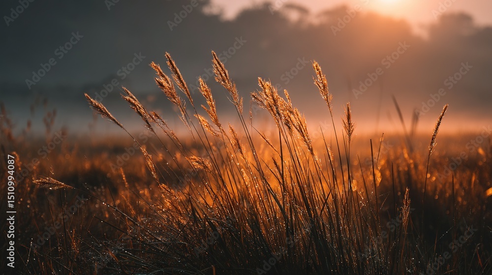 Poster field with tall grass in foreground, sun shining through clouds in background