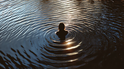 Person swimming in a body of water with concentric rings. Water surface reflects the sunlight, creating patterns around the swimmer in a zen moment