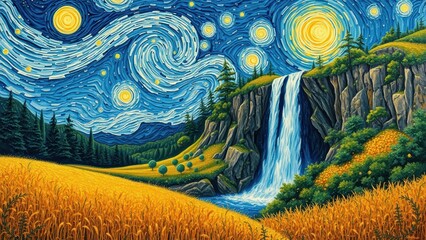 Starry Night Waterfall A Whimsical Impressionist Landscape Painting of a Cascading Waterfall Under a Vibrant Starry Sky