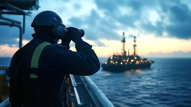 Guards scanning surrounding waters with binoculars from upper deck of oil production platform