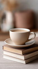 Fototapeta premium Cozy moment with teacup on books for relaxation and reading time