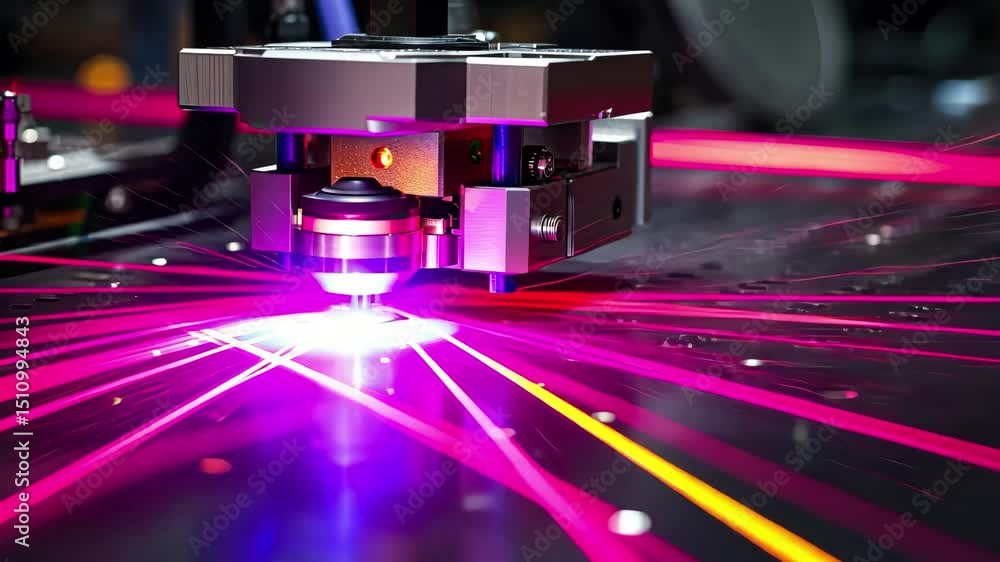 Aufkleber High-tech laser cutting machine in action creating intricate designs with vibrant light patterns in a modern manufacturing facility