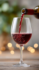 Red wine pouring into glass with elegant reflection for dining ambiance