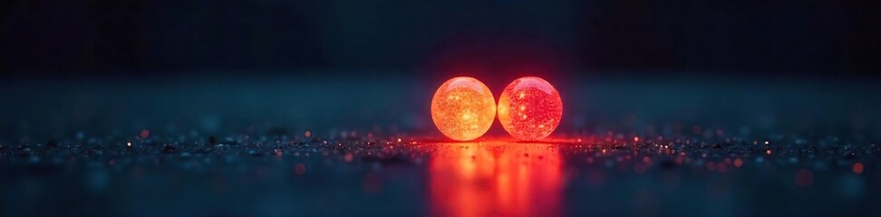 Close-up shot of two small, glowing orbs illuminating each other, symbolizing mutual support and shared illumination, in a dark environment , concept, illumination